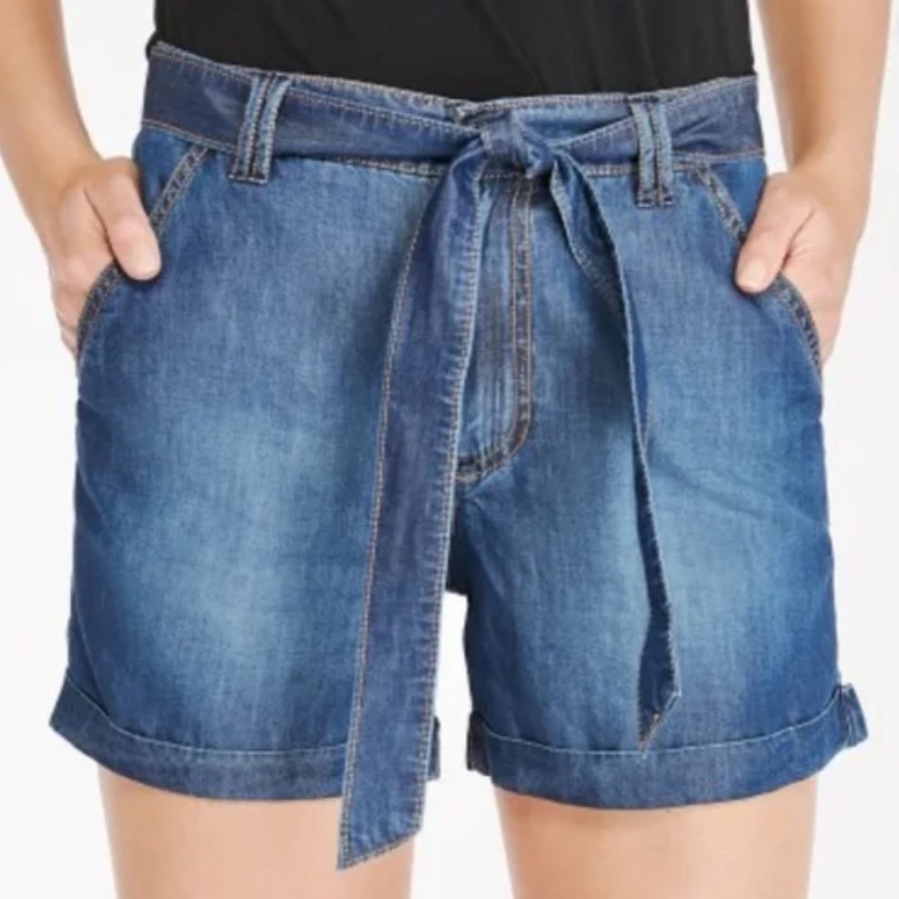 Kensie Women 6/28 Blue Denim Casual Pockets Cuffed High Waisted Paperbag Shorts
